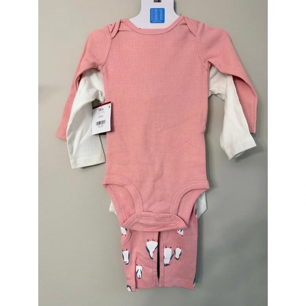 Carter's‎ 3-Piece Bodysuit Pants Set Baby Girl Pink Penguin Waffle Knit NWT